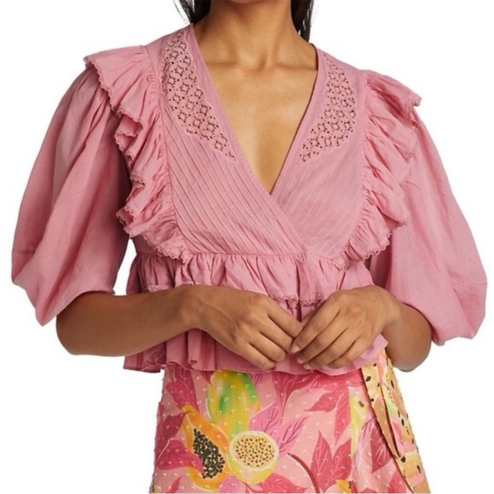 FARM Rio Pink Ruffled Peplum Blouse with 3/4 Sleeves